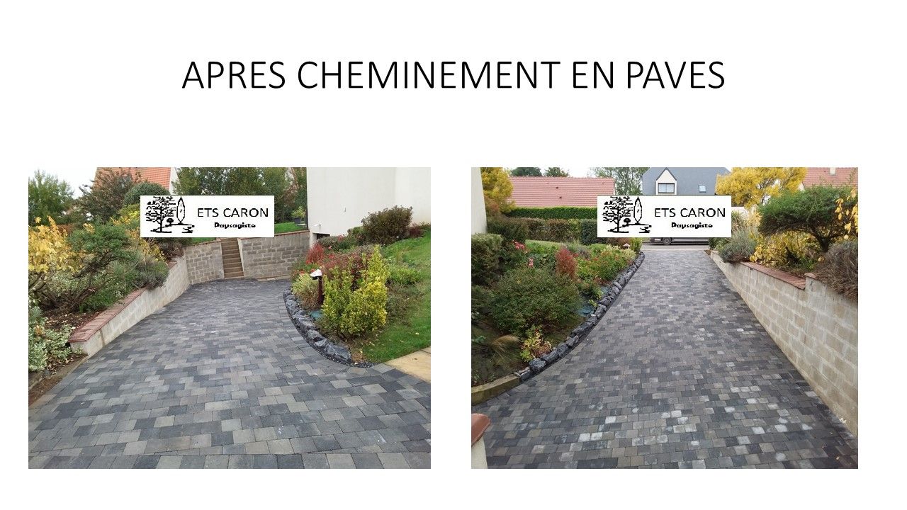 Deux photos avant/après d'une allée pavée longeant une haie et un mur.