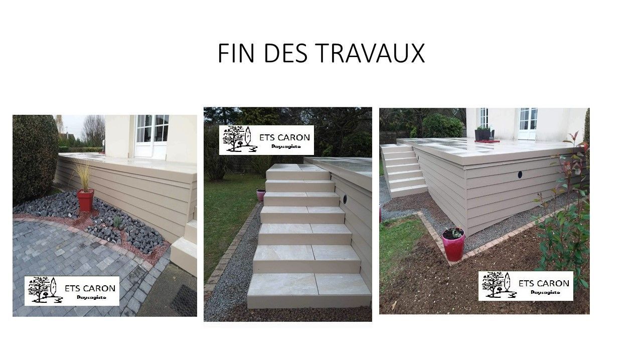Photos avant/après de la rénovation d'un escalier en béton et d'un mur de soutènement, avec des finitions blanches et des plantes en pot rouges.