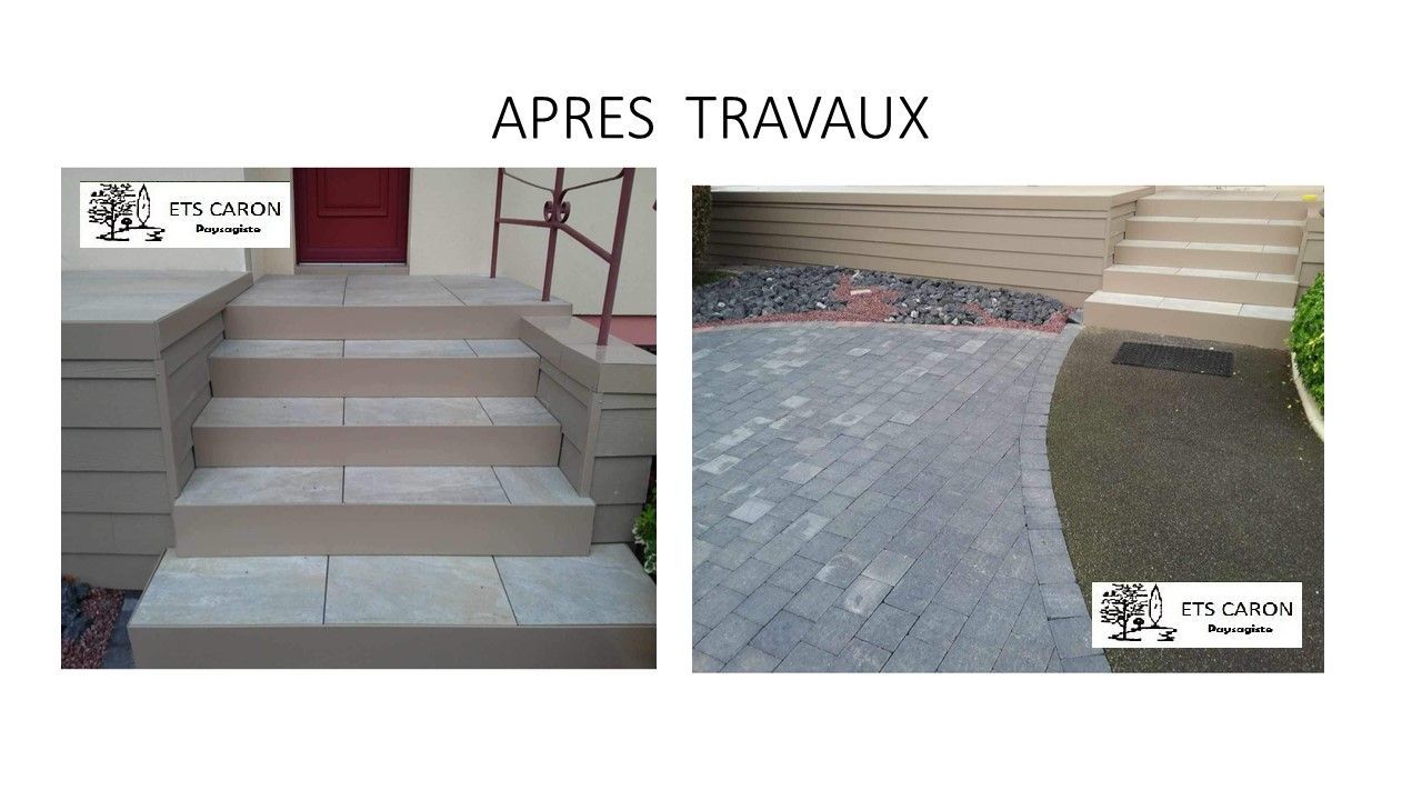 Vue avant et après de la rénovation des marches et du pavage extérieurs.
