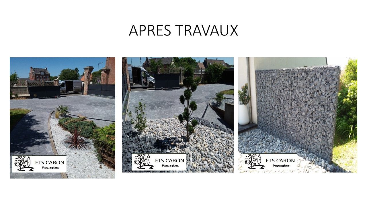 Aménagement paysager avant et après : chemin de gravier avec de jeunes plantes et un mur de gabions.