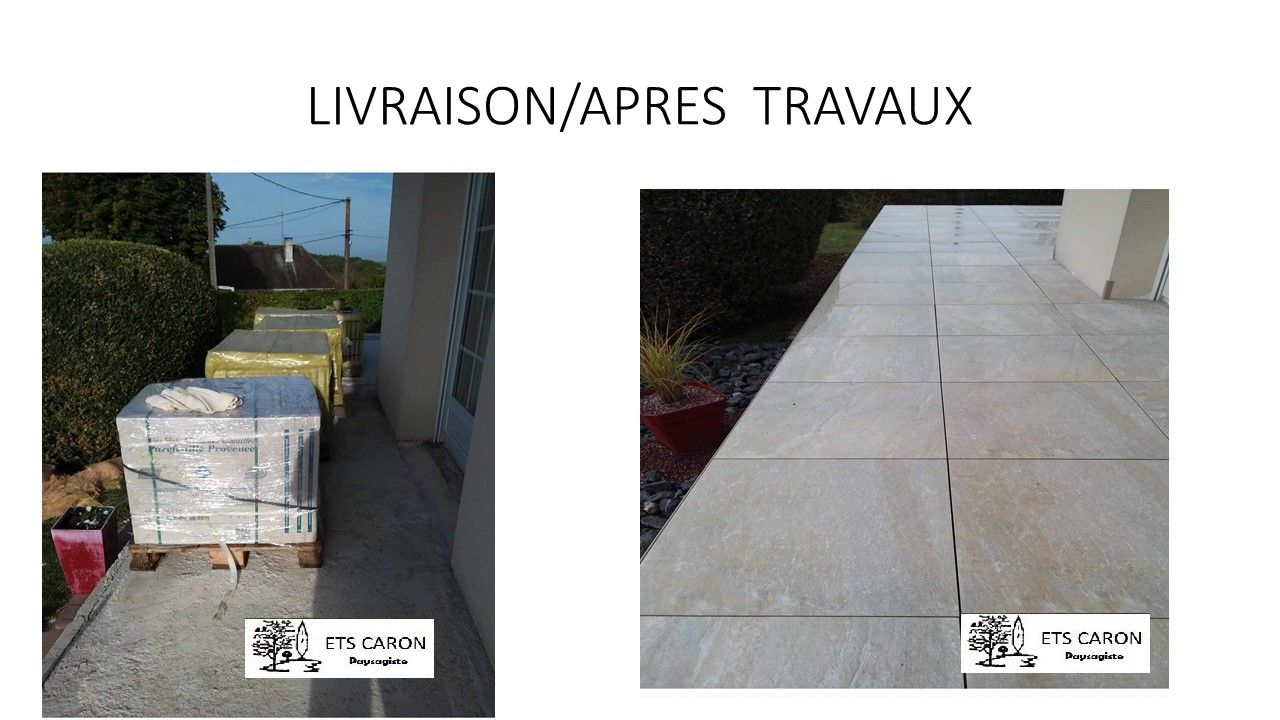 Avant et après les travaux de pavage extérieur : pierres empilées à gauche, terrasse finie à droite.