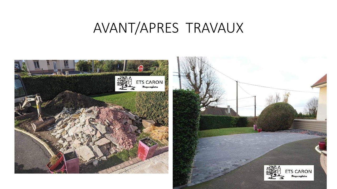 Avant et après la rénovation d'un jardin : les gravats ont été remplacés par un chemin pavé et une haie taillée.