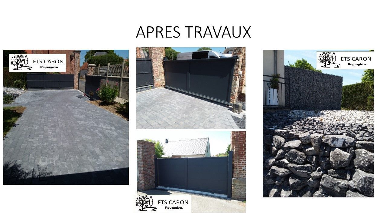 Collage de vues après la réalisation d'une allée et d'un aménagement paysager en pierre, montrant une entrée pavée et un mur de soutènement.