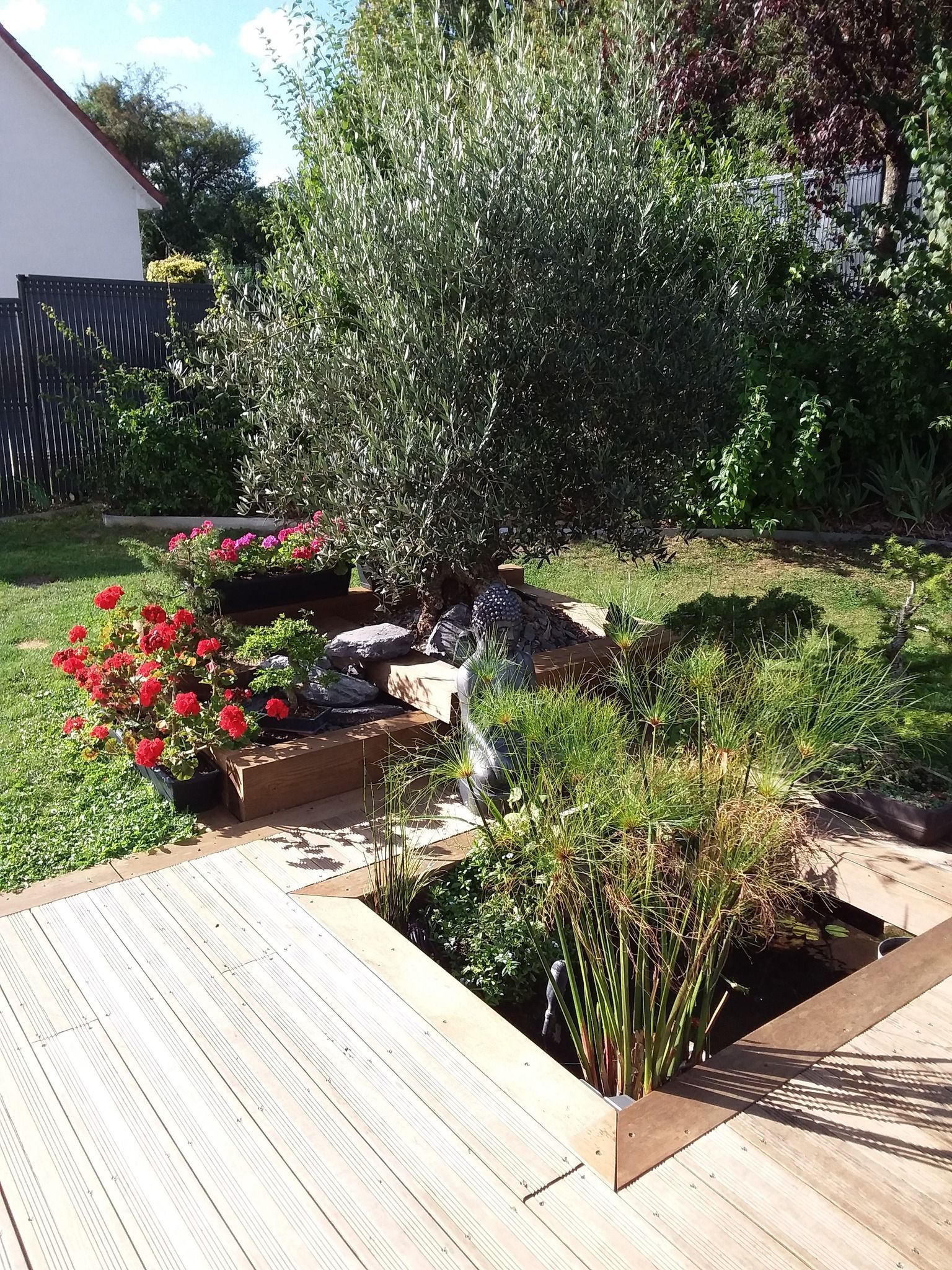 Un jardin arboré avec des fleurs et un olivier.