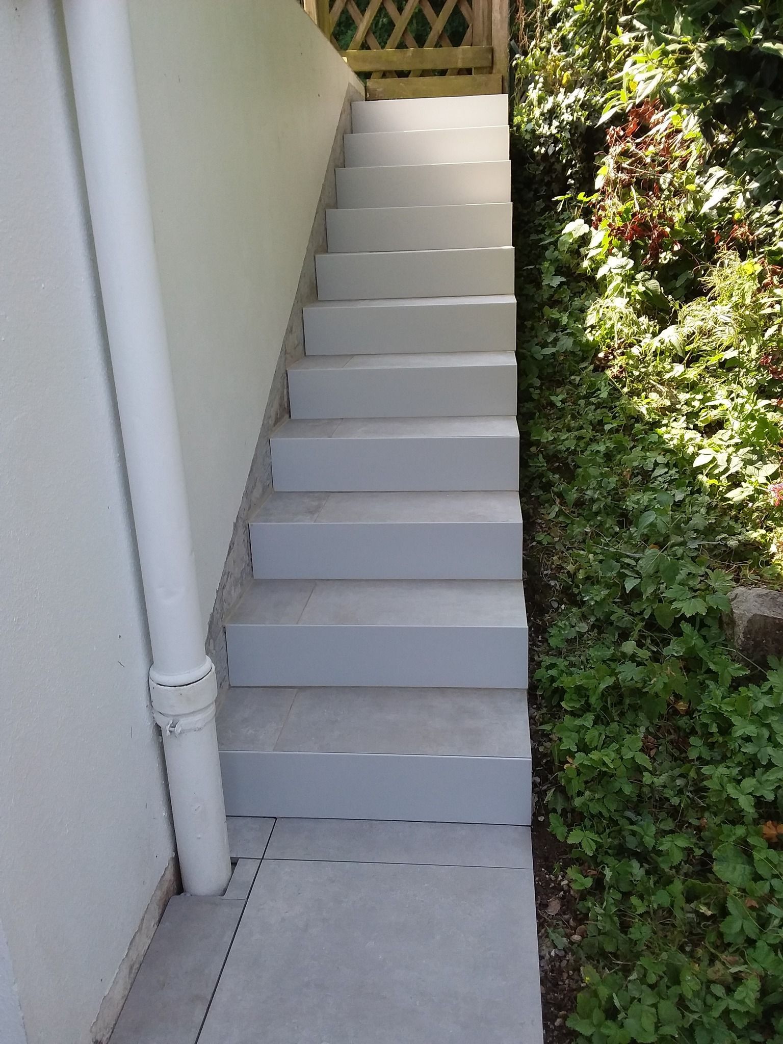 Escalier extérieur étroit en béton, longeant un mur blanc et des arbustes verts denses.