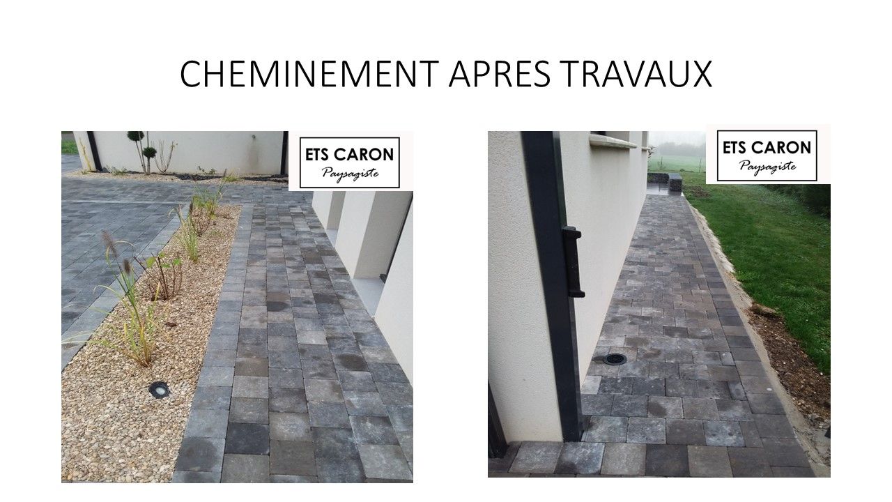 Chemin pavé après travaux le long d’une maison, avec gravier et bordures rénovés.