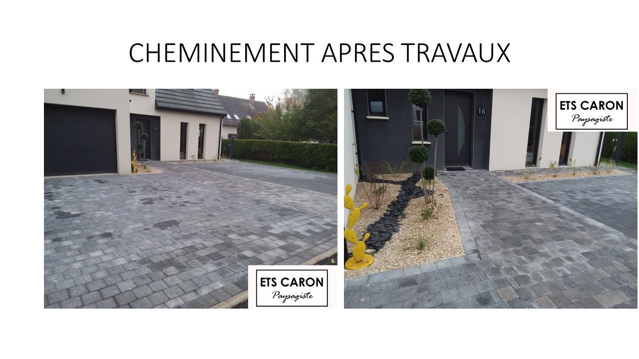 Avant et après la rénovation d'une allée de maison avec des pavés gris et des bordures paysagées.