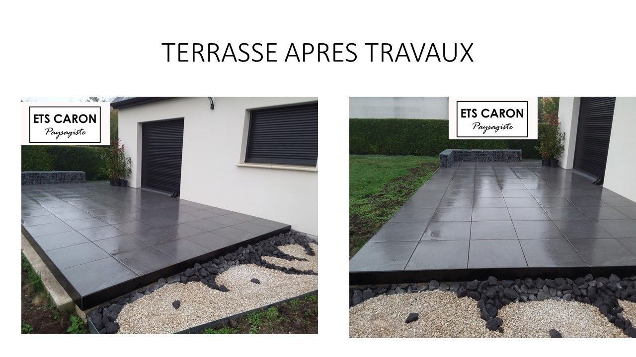 Terrasse rénovée en dalles grises devant une maison, avant et après travaux, sur fond de gravier blanc.