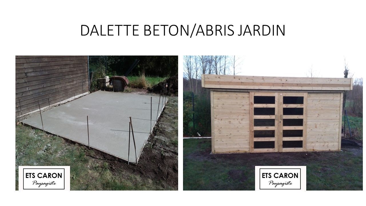Abri de jardin avec deux vues : dalle de béton et abri en bois.