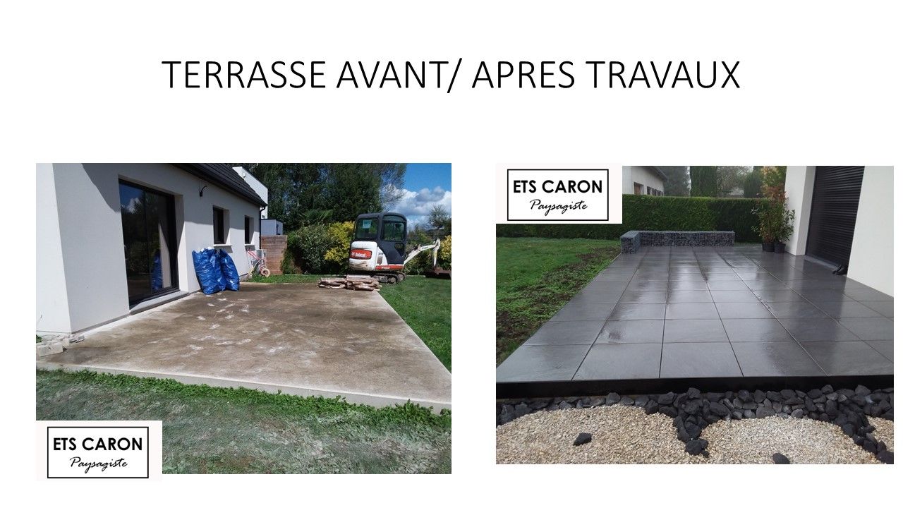 Terrasse avant/après travaux : patio inégal puis terrasse grise rénovée devant une maison.