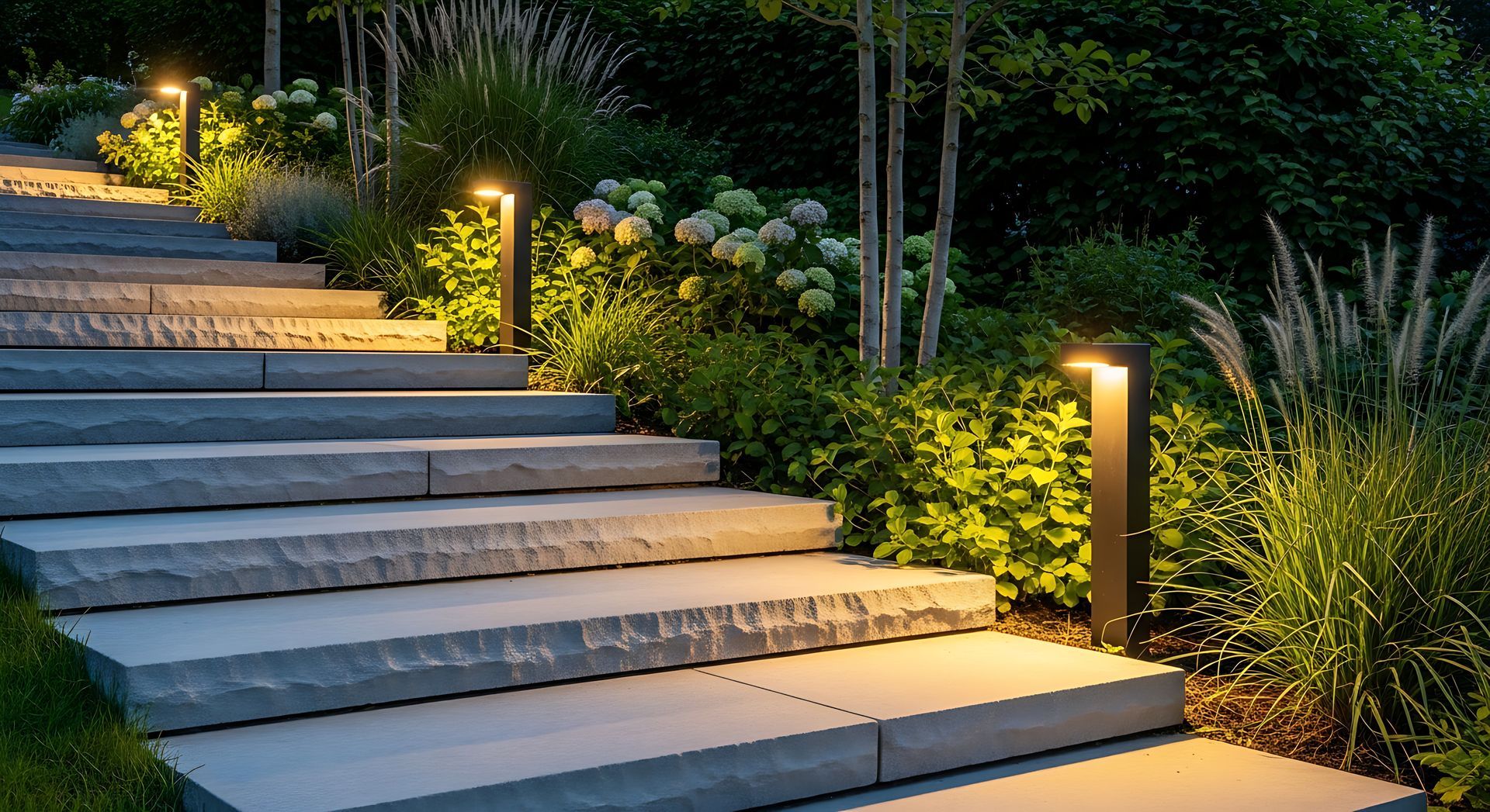 Escaliers extérieurs en pierre éclairés, agrémentés de verdure paysagée et de lumières de jardin au crépuscule.
