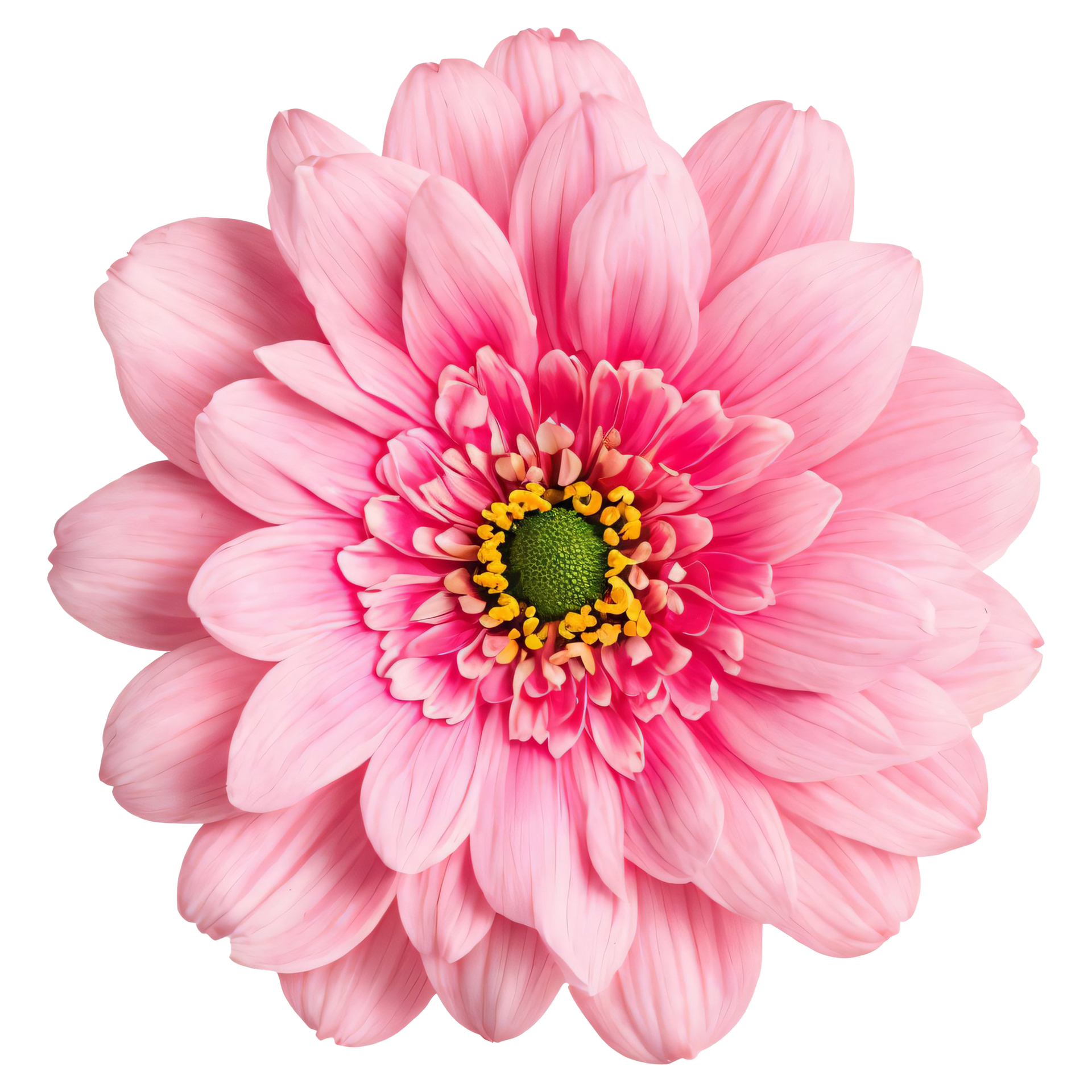 Fleur rose ressemblant à une marguerite, aux pétales superposés et au cœur jaune et vert, sur fond blanc.