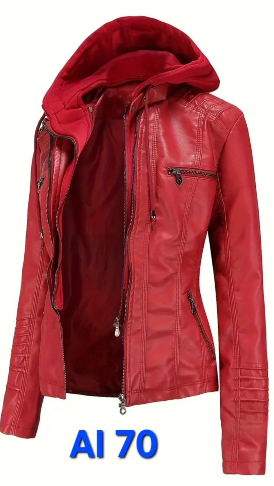 Chaqueta de cuero roja con capucha y bolsillos con cremallera.