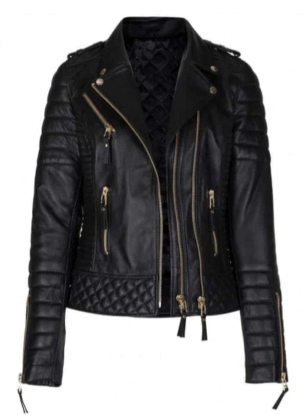 Chaqueta de cuero negra para motociclista con cremalleras doradas y detalles acolchados.