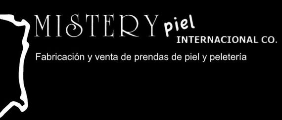Logo for "MISTERY piel Internacional Co." with text: "Fabricación y venta de prendas de piel y peletería" on a black background.