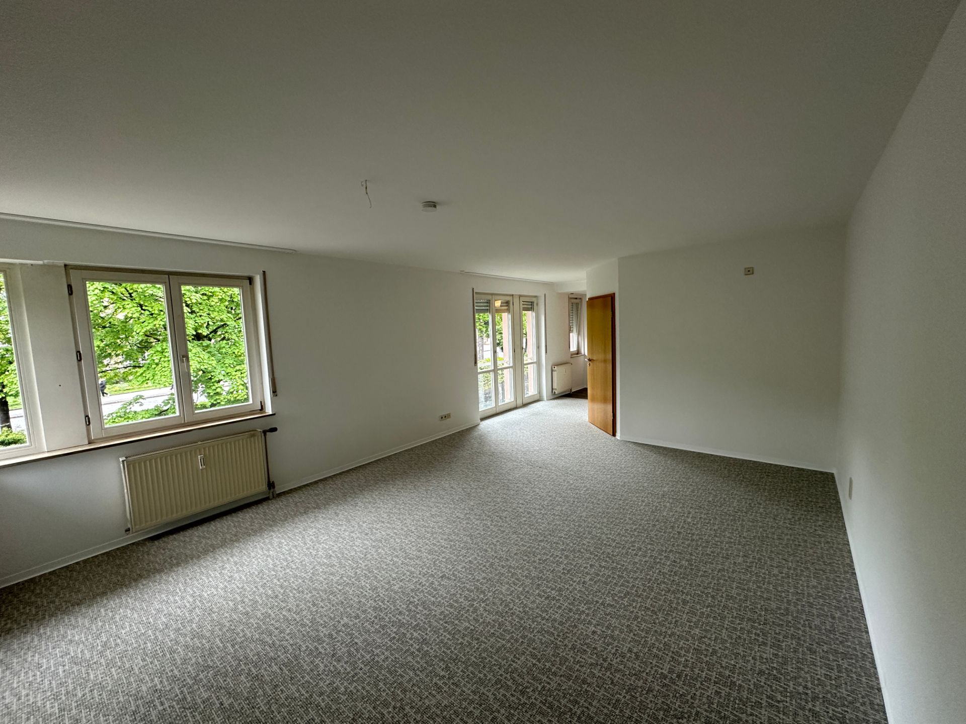 Großzügiger Wohnraum mit neuen Fenstern und Teppichboden