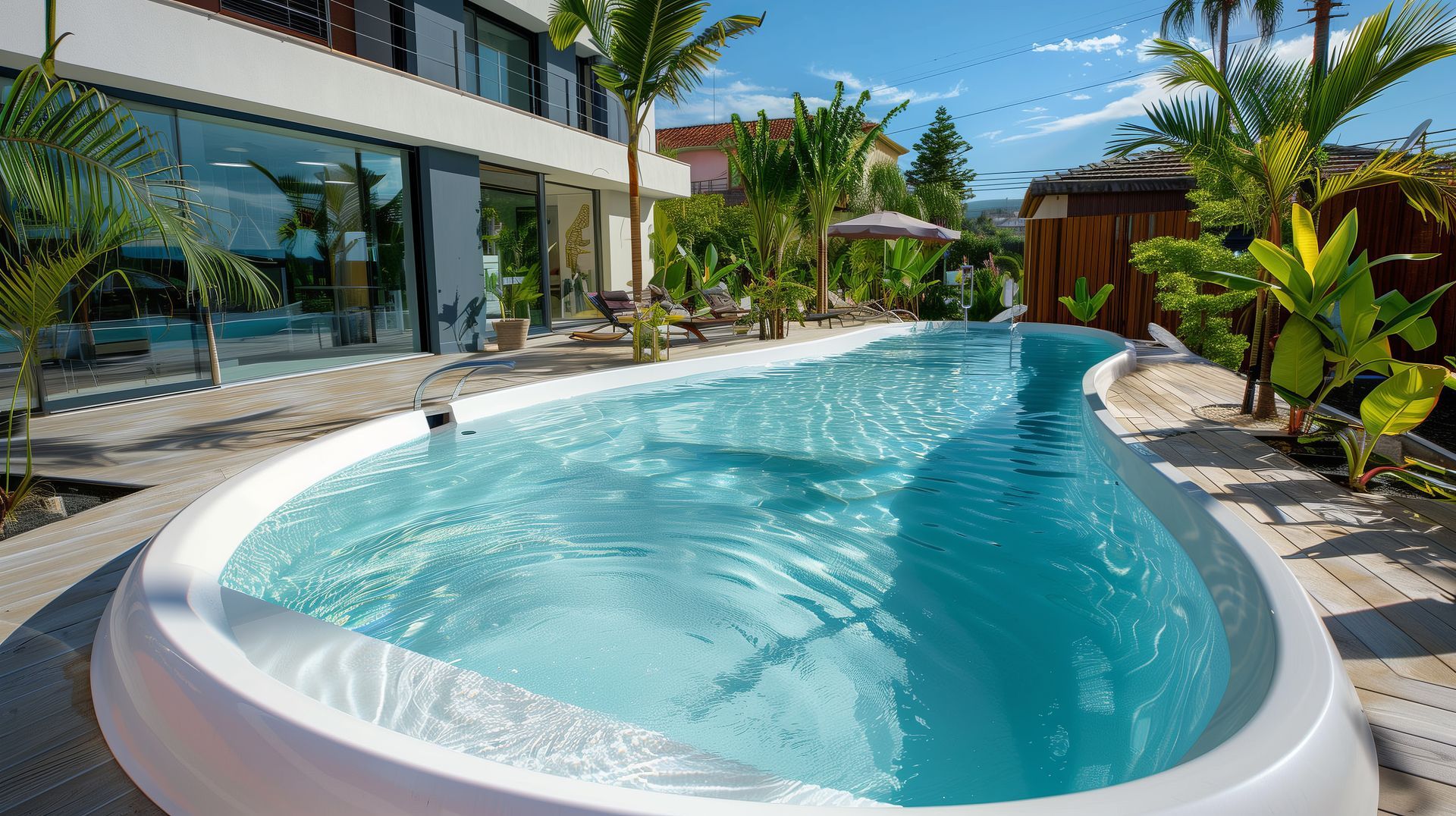 Piscine extérieure à côté d'une maison moderne.