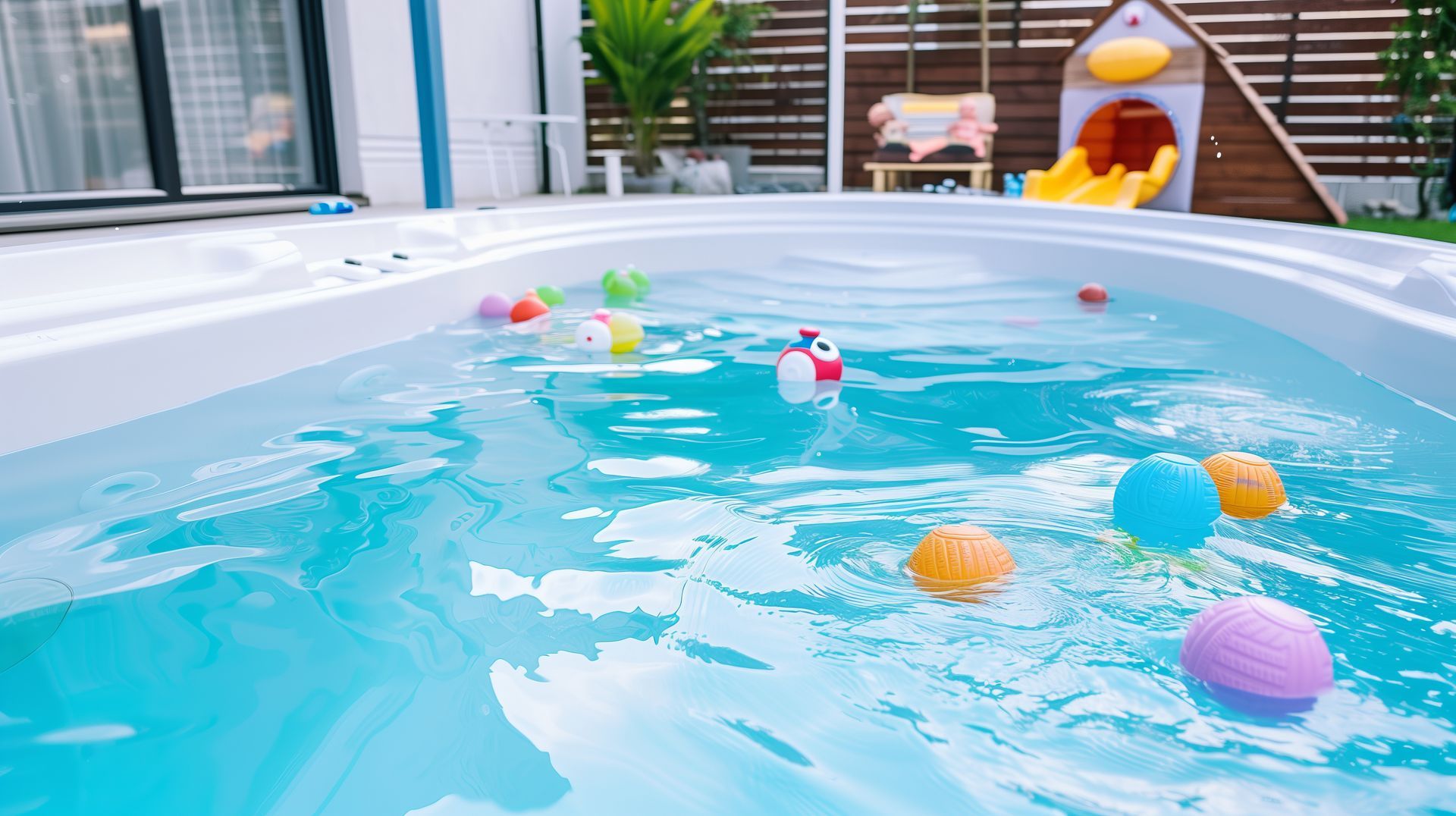 Piscine en coque avec les jouets dans l'eau.