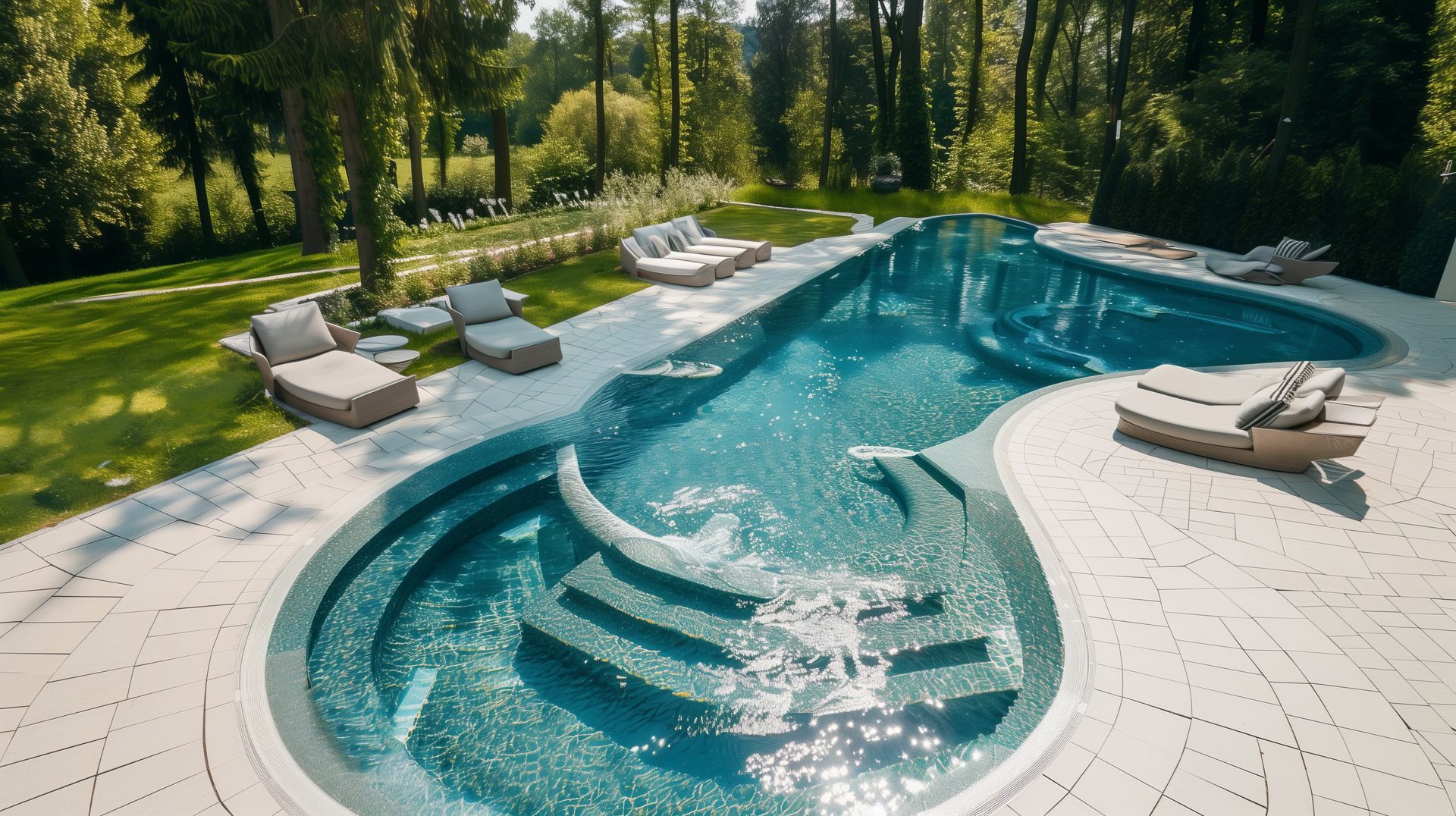 Vue aérienne sur la piscine avec plusieurs espaces de nage.