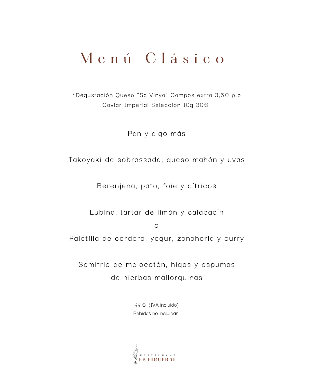 Menú con texto: “Menú Clásico” con platos como sopas, entrantes, pescados y postres.