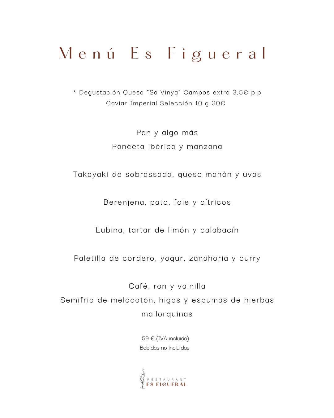 Menú del restaurante Es Figueral con texto sobre fondo blanco. Incluye los platos de la carta.
