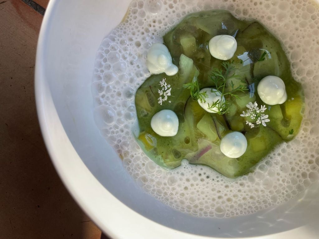 Un plato gourmet en un tazón blanco. El plato lleva verduras verdes, porciones blancas y espuma.
