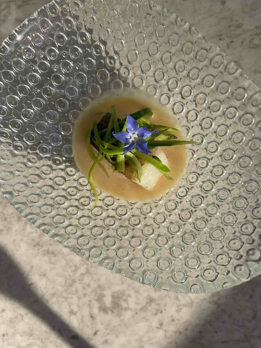 Un plato pequeño con un caldo de color claro, un cubo blanco, hierbas verdes y una flor azul, servido en vidrio texturizado.