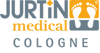 Ein Logo für Jurtino Medical Cologne mit Fußabdrücken darauf