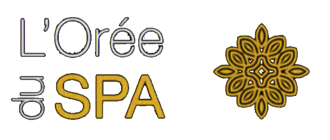 Logo de L'Orée SPA avec texte gris et or à côté d'un médaillon floral doré