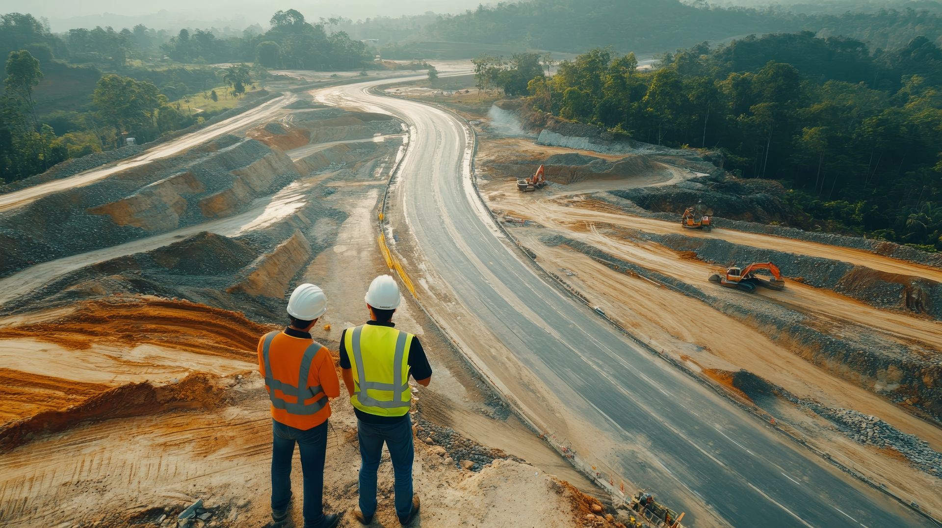 Deux hommes regardant une route en travaux