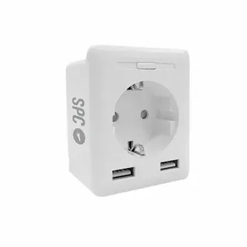 Un enchufe blanco con dos puertos USB conectados.