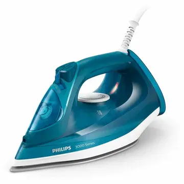 Una plancha Philips azul y blanca sobre un fondo blanco