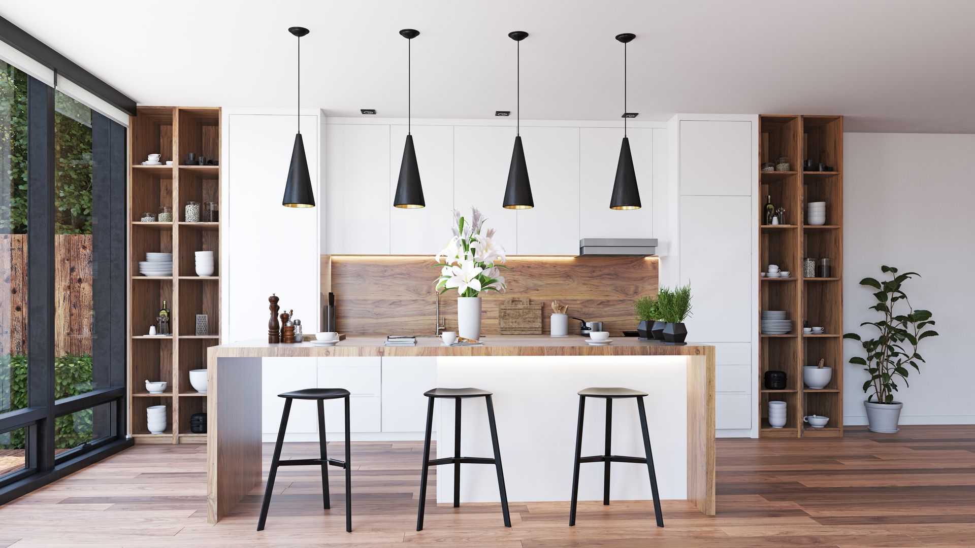 Cuisine avec ilot central, tabourets et quatre luminaires