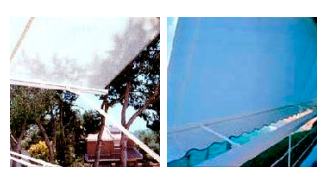 Una imagen de una piscina y una imagen de un edificio con árboles al fondo.