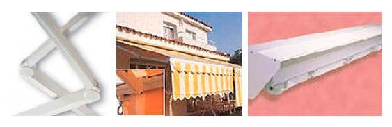 Una imagen de una casa con un toldo amarillo y una imagen de un toldo blanco.