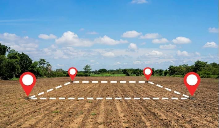 Parcela de terreno marcada con chinchetas rojas y una línea blanca punteada sobre un fondo azul.