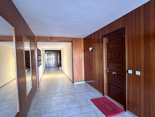 Un pasillo con paneles de madera y una alfombra roja en el suelo.