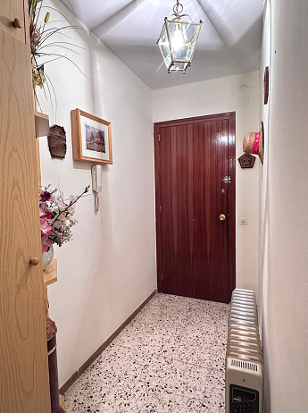 Un pasillo con una puerta de madera y un radiador.