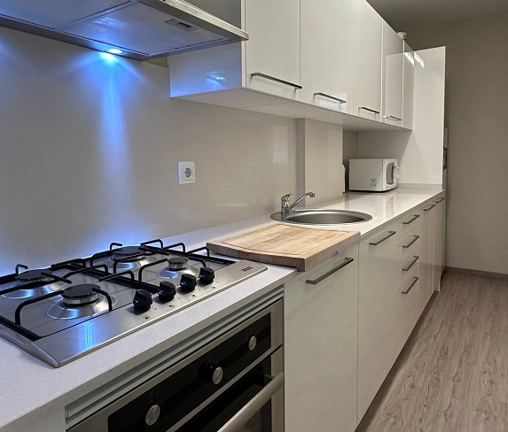 Una cocina con estufa, horno y fregadero.