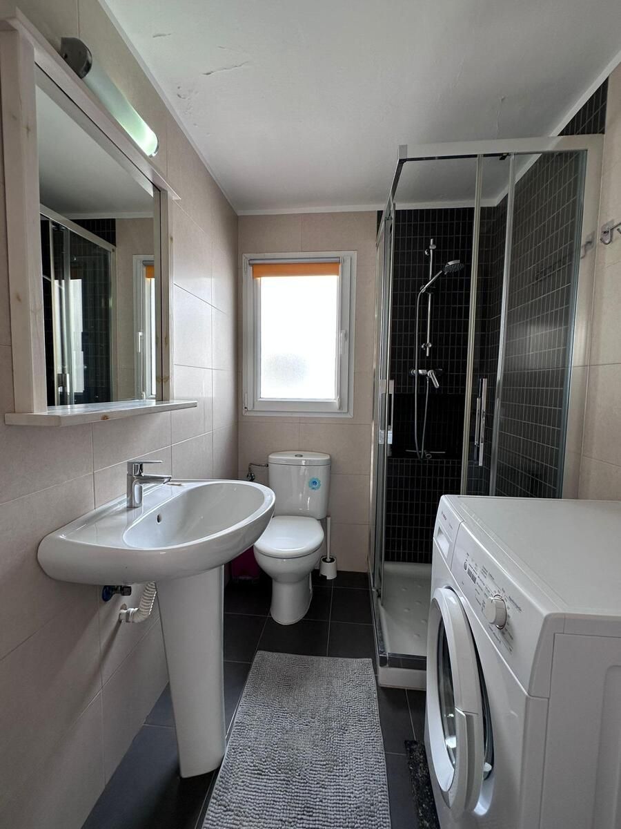 Baño con lavabo de pedestal, inodoro, ducha, lavadora y ventana.