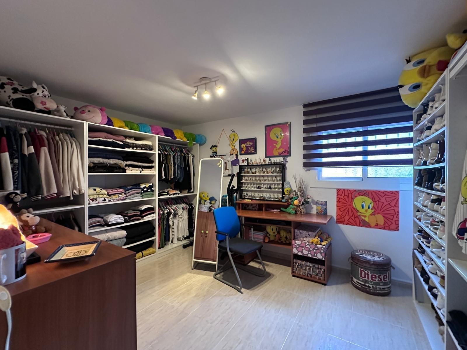 Un vestidor con estantes abiertos, un escritorio, un espejo y una decoración de Looney Tunes.