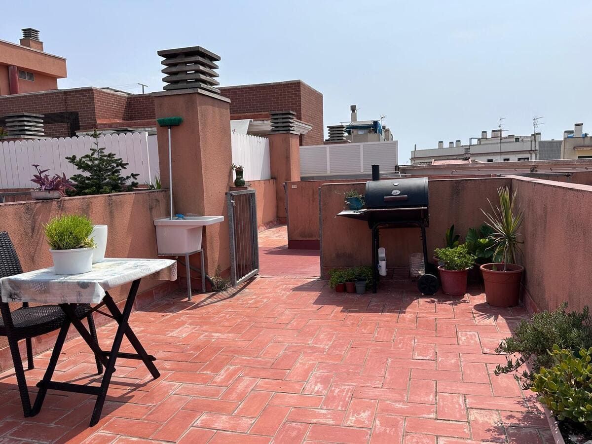 Terraza en azotea con piso de ladrillo, mesa, parrilla, plantas y cielo soleado.