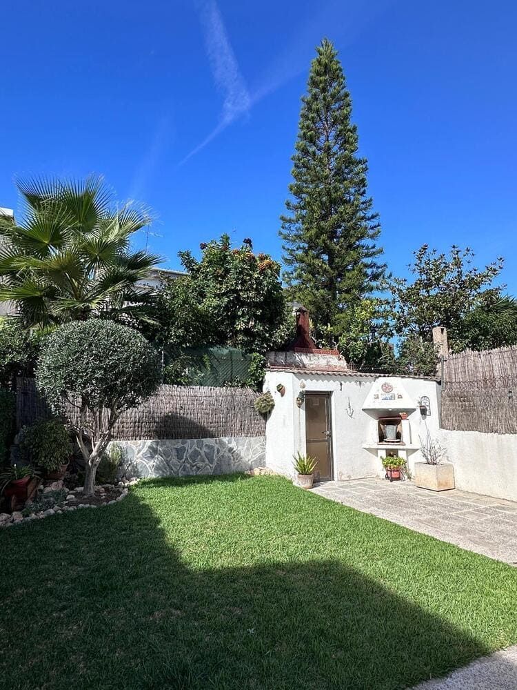 Césped verde con estructura blanca y pino alto contra el cielo azul.