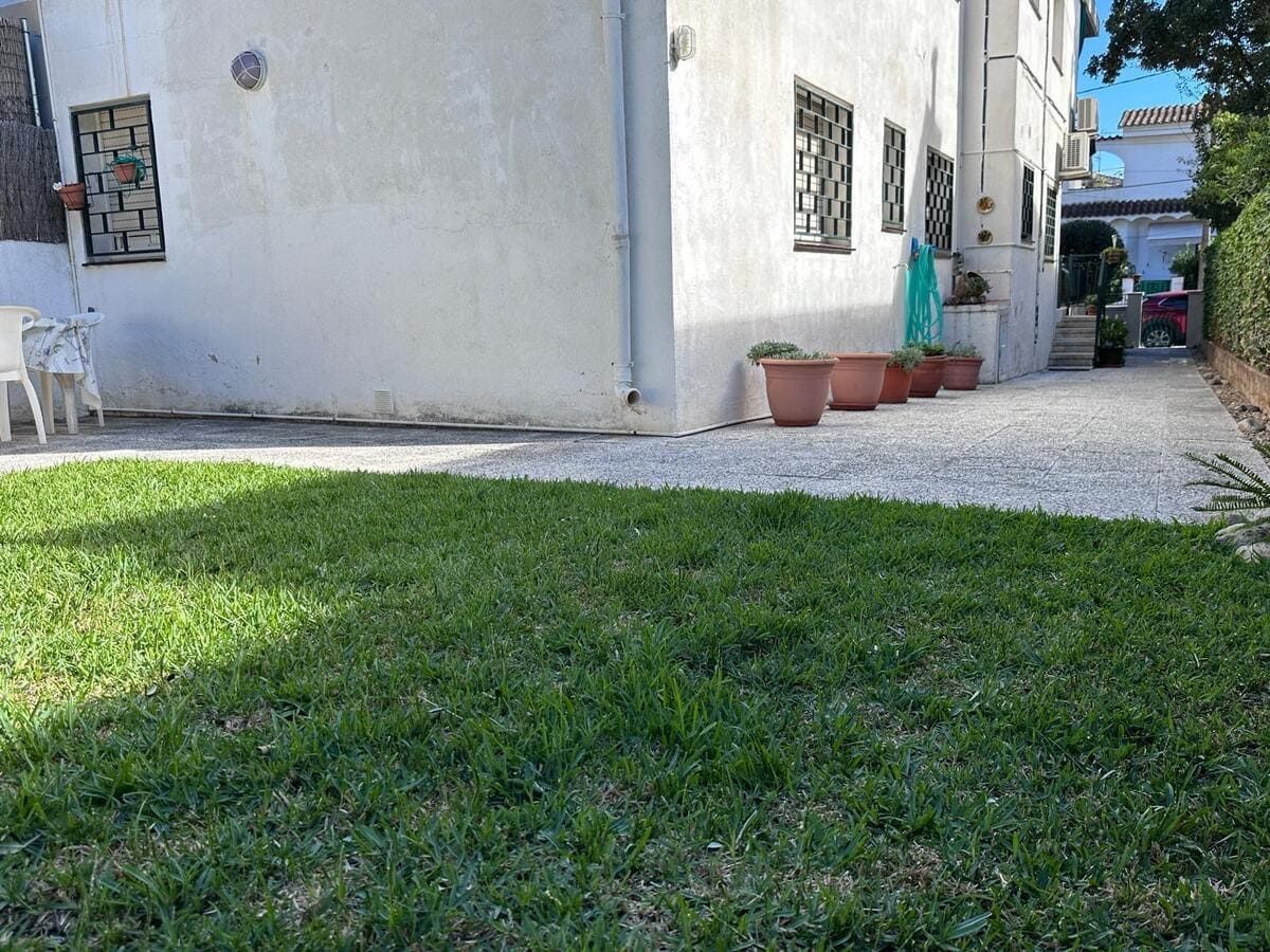 Césped frente a un edificio blanco con camino de grava y plantas en macetas.