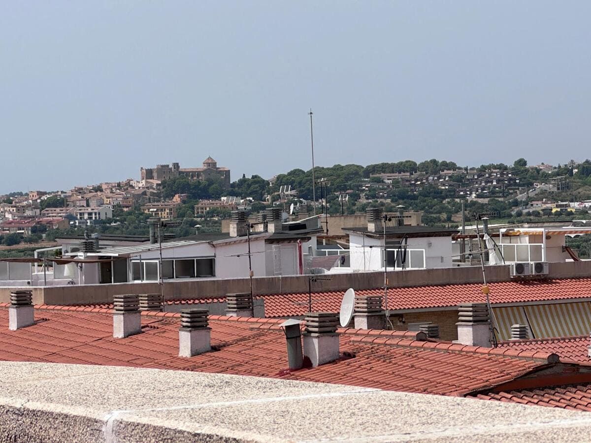 Tejados de tejas rojas en primer plano con una ciudad en la cima de una colina y una antena alta en la distancia bajo un cielo brumoso.