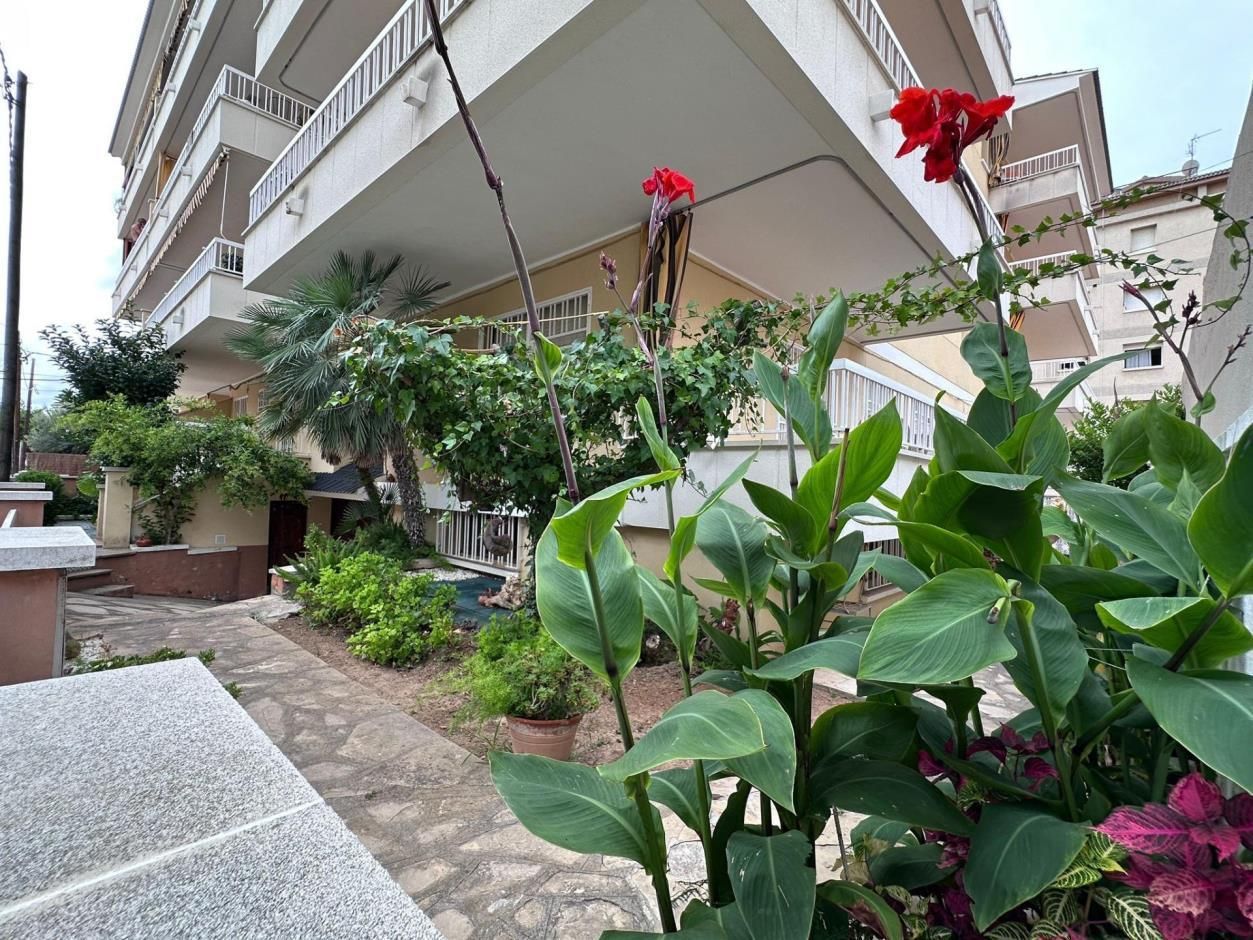 Exterior del edificio con jardín, con flores rojas y follaje verde. Un camino pavimentado conduce a la entrada.