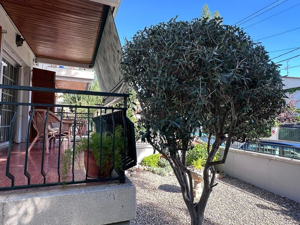 Balcón con barandilla negra, macetas y un pequeño árbol al frente. Día soleado y luminoso.