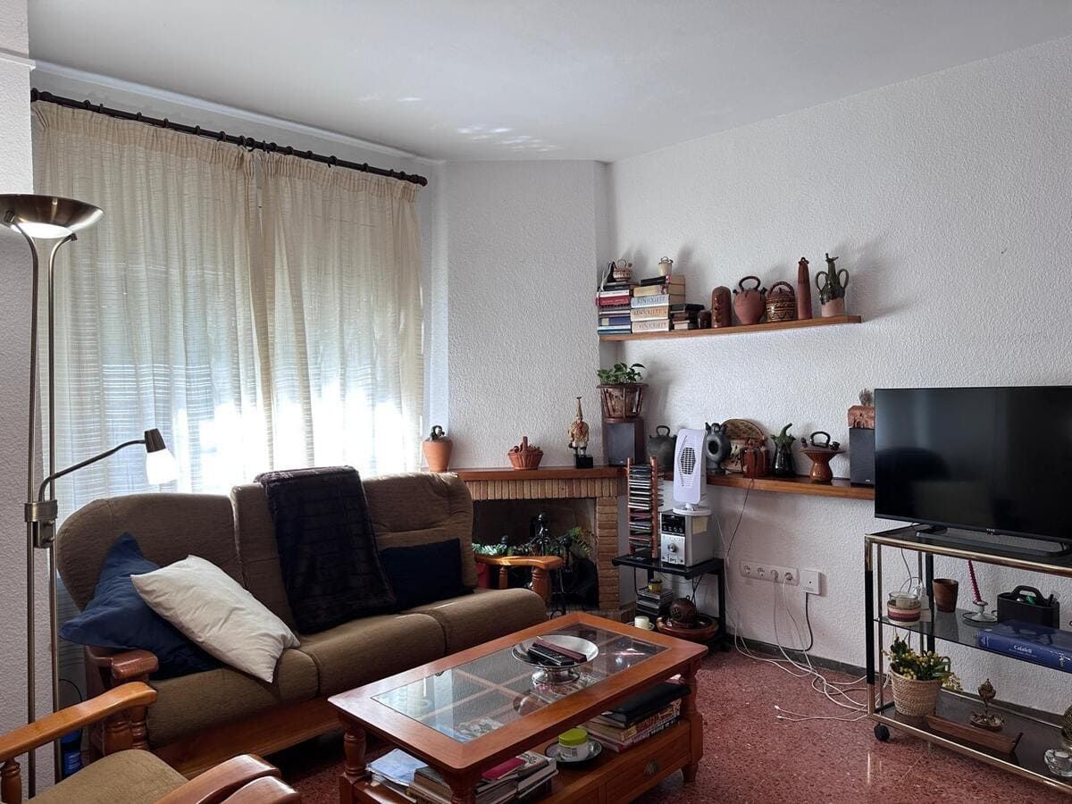 Sala de estar con sofá, mesa de centro, chimenea, TV sobre mueble, estanterías con plantas y ventana con cortinas.