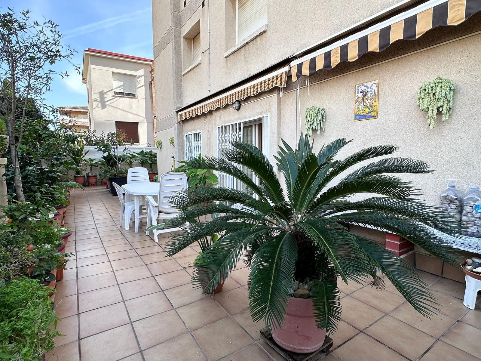 Un patio con mesa y sillas y una palmera.