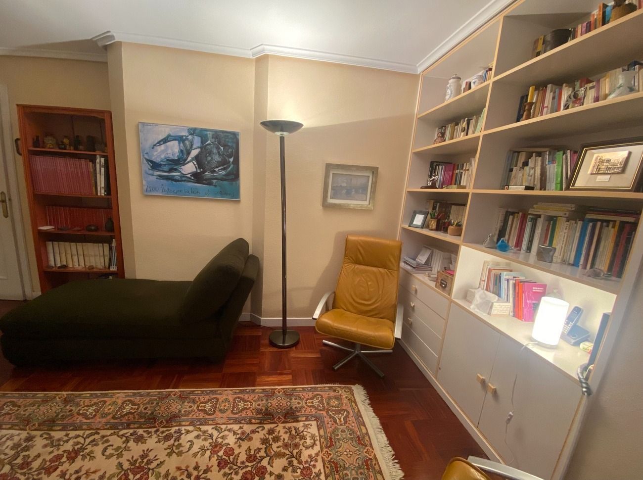 Una sala de estar con un sofá, una silla, una estantería y una alfombra.